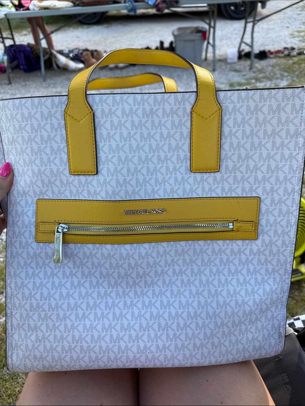Michael Kors White MK Logo Tote with Yellow Trim